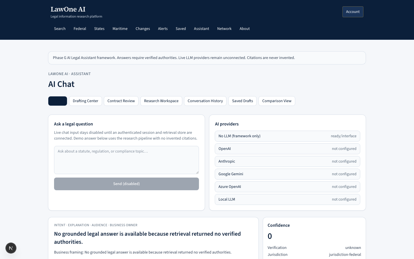 LawOne AI assistant panel screenshot noting no live LLM