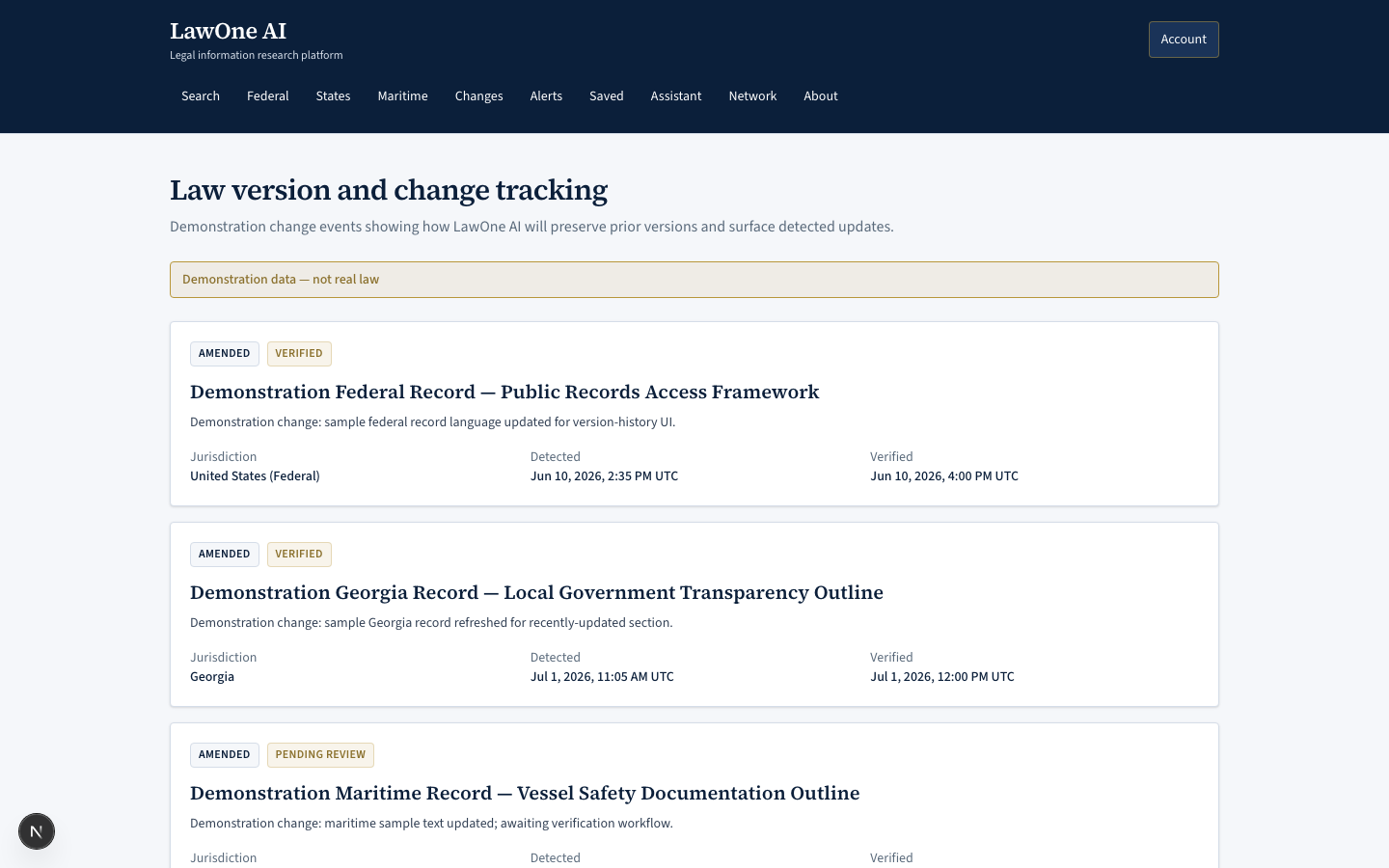 LawOne AI law changes monitoring screenshot