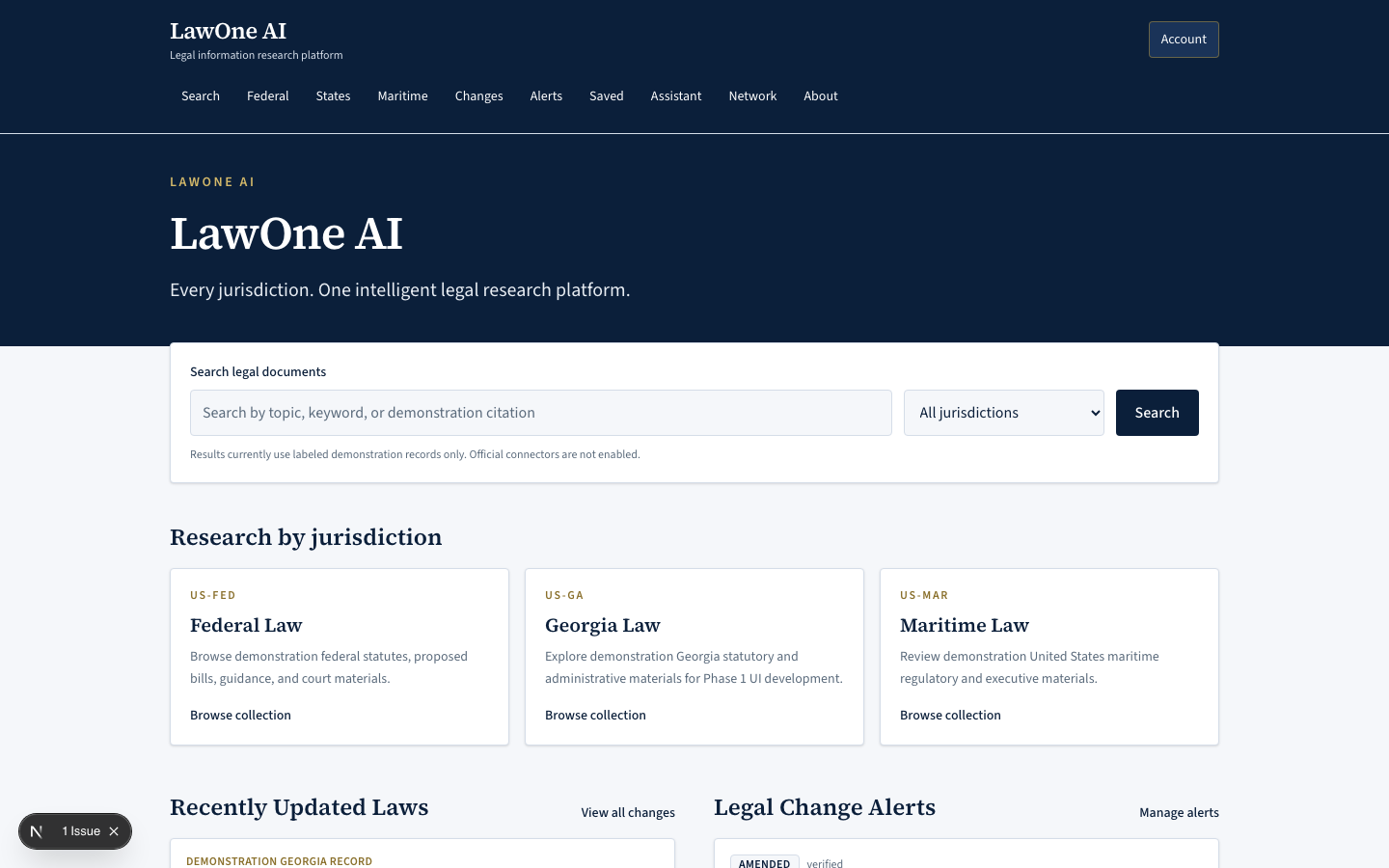 LawOne AI home research workspace screenshot with labeled demo data
