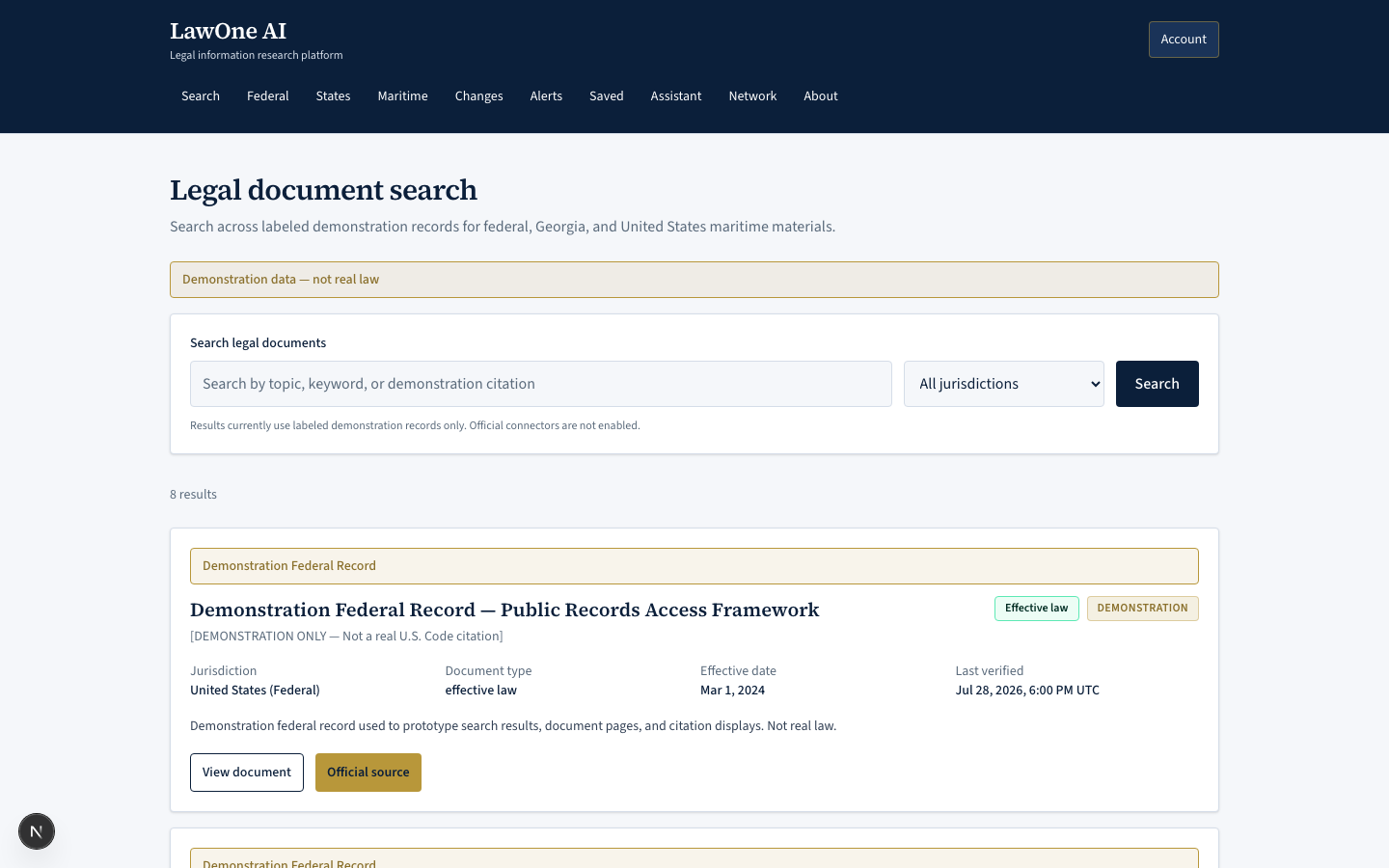 LawOne AI search interface screenshot